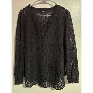 Torrid Black Lace Blouse Size 0 Sheer Floral Lace Top Long Sleeve Plus Size